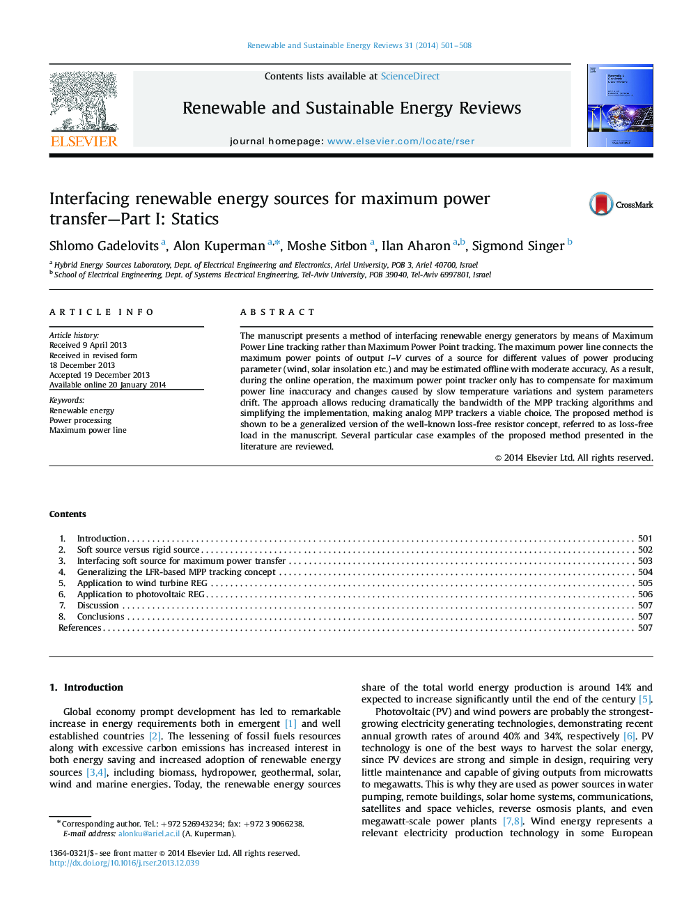 Interfacing renewable energy sources for maximum power transfer-Part I: Statics