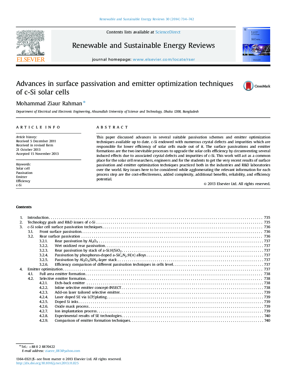 Advances in surface passivation and emitter optimization techniques of c-Si solar cells