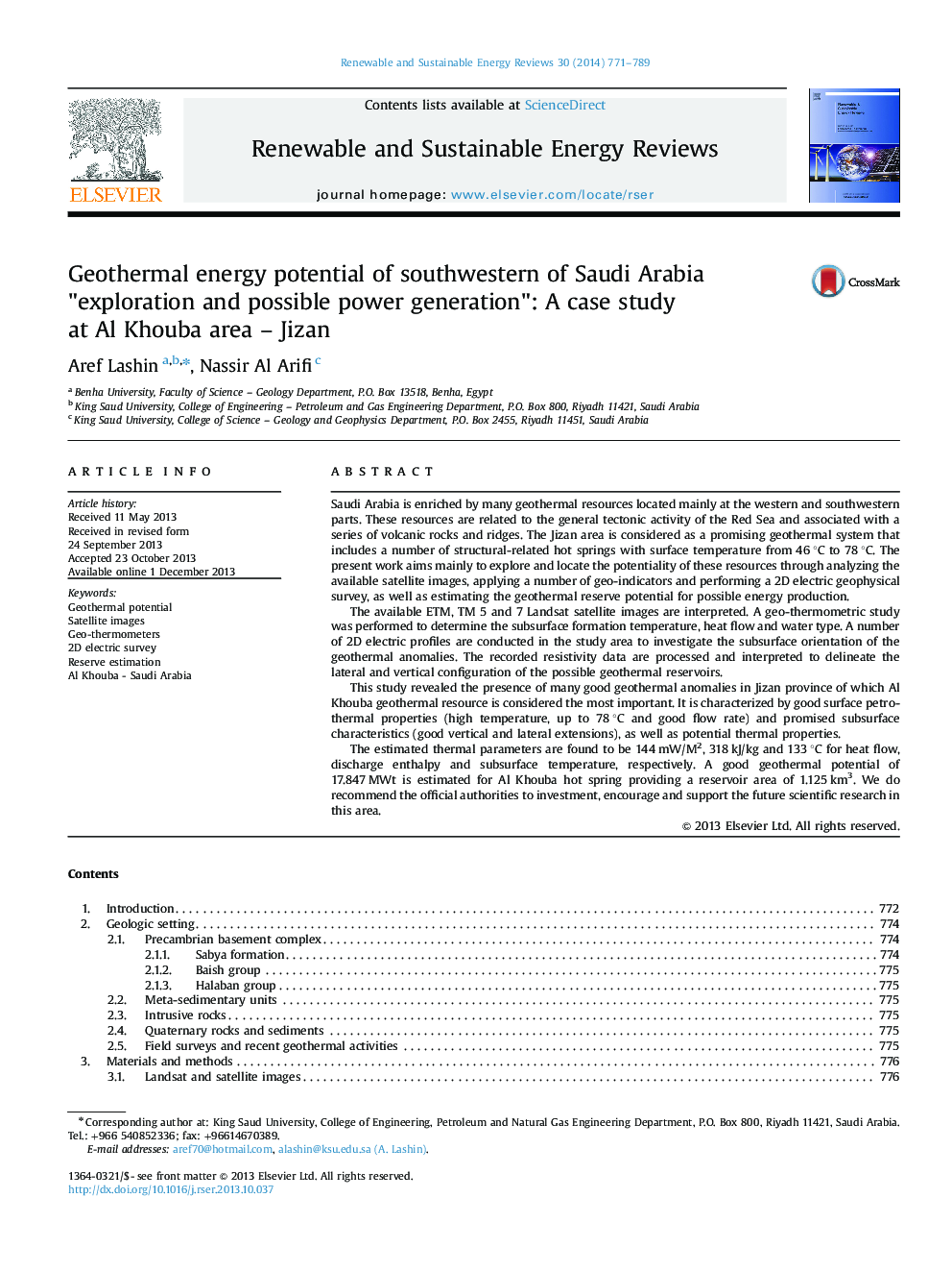 Geothermal energy potential of southwestern of Saudi Arabia "exploration and possible power generation": A case study at Al Khouba area - Jizan