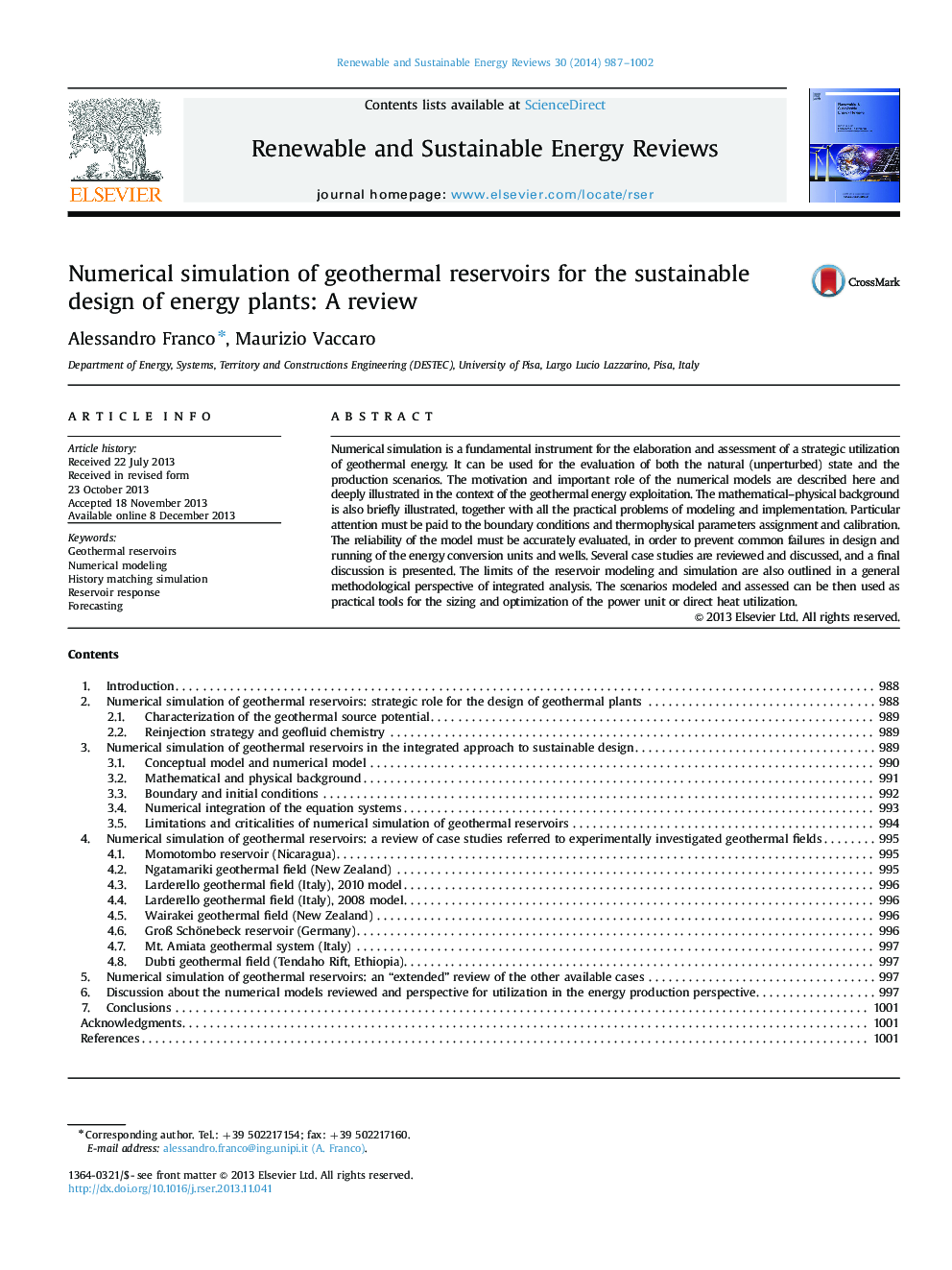 Numerical simulation of geothermal reservoirs for the sustainable design of energy plants: A review