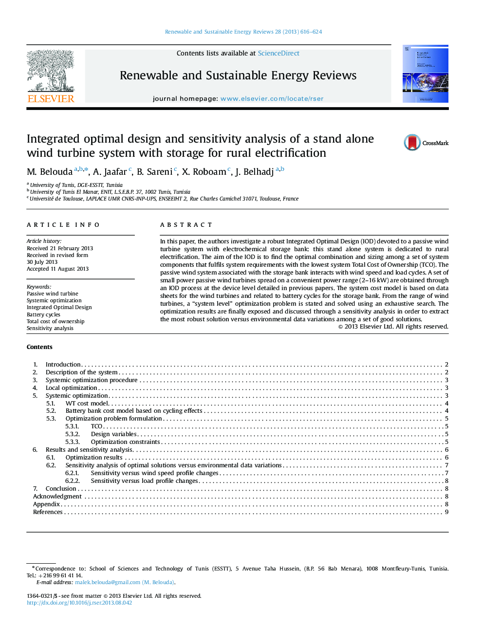 Integrated optimal design and sensitivity analysis of a stand alone wind turbine system with storage for rural electrification