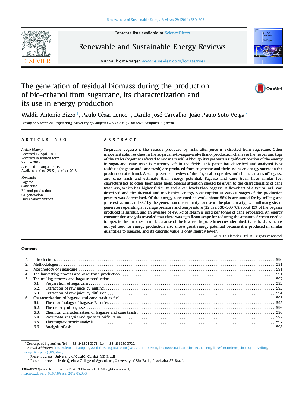 The generation of residual biomass during the production of bio-ethanol from sugarcane, its characterization and its use in energy production