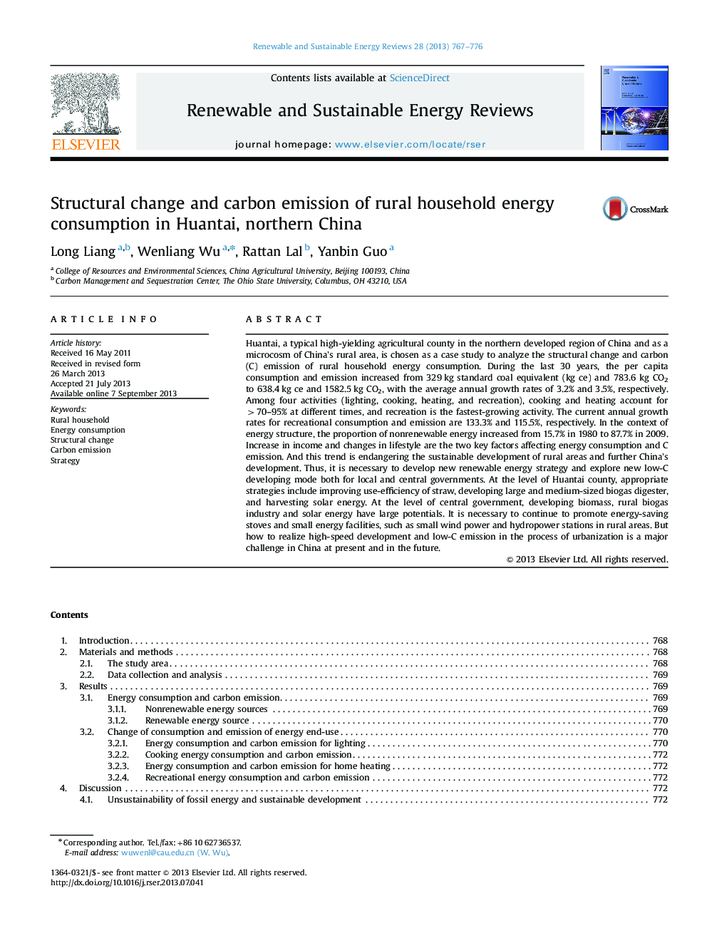 Structural change and carbon emission of rural household energy consumption in Huantai, northern China