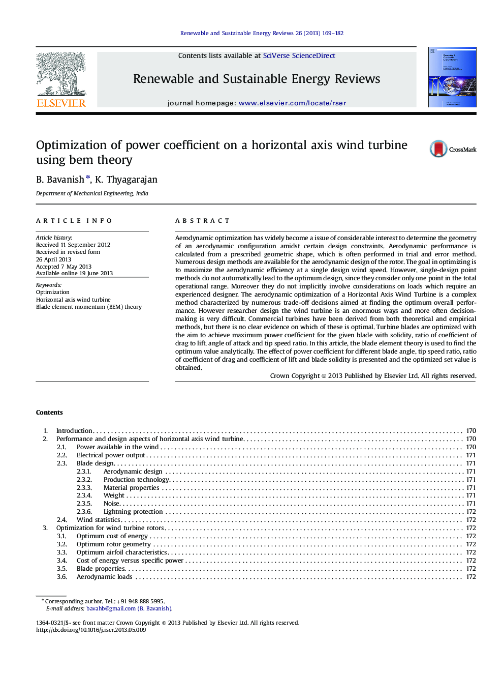 Optimization of power coefficient on a horizontal axis wind turbine using bem theory