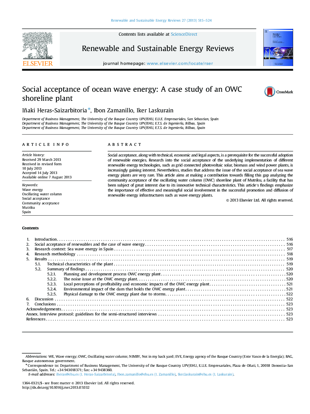 Social acceptance of ocean wave energy: A case study of an OWC shoreline plant