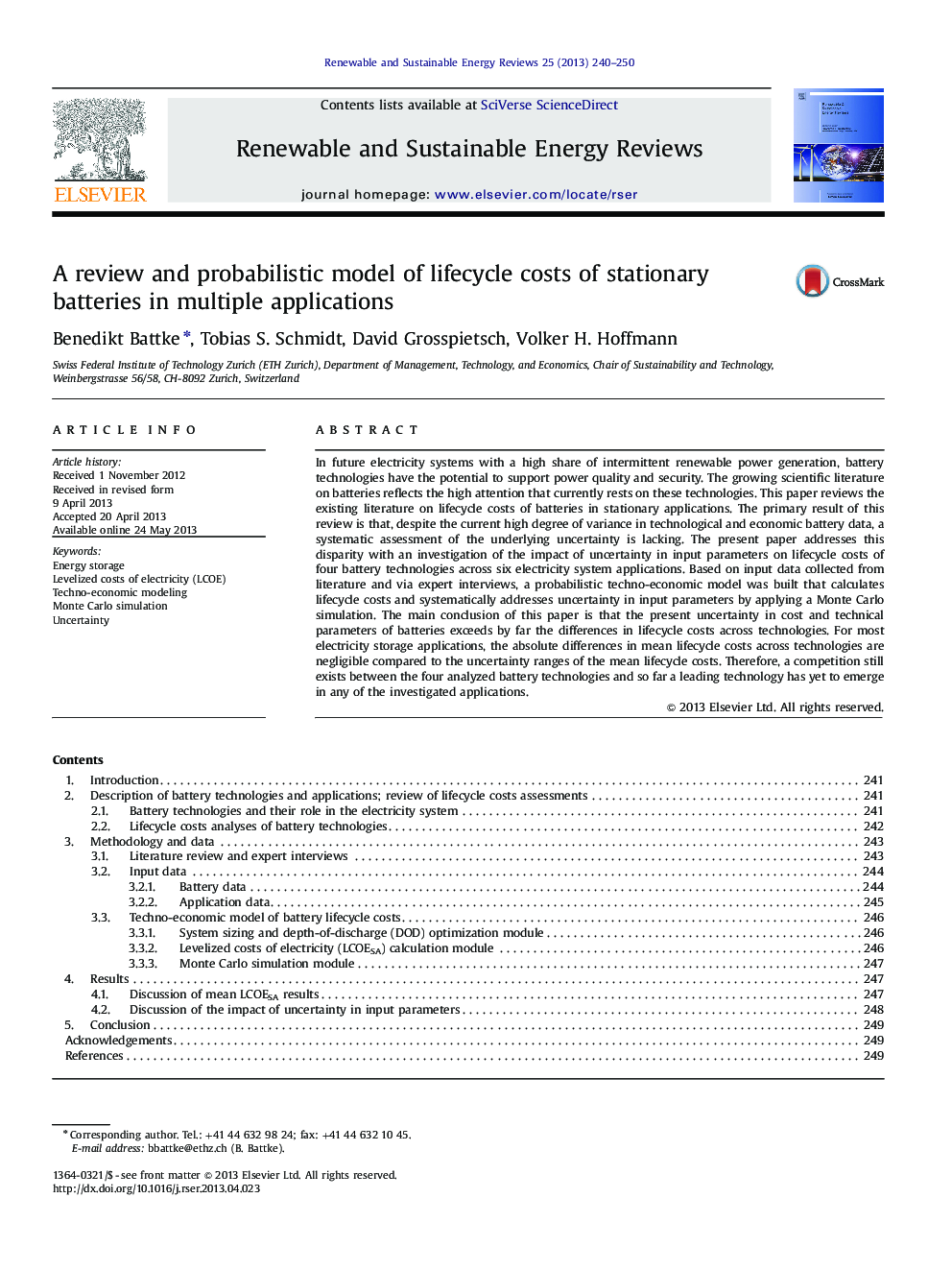 A review and probabilistic model of lifecycle costs of stationary batteries in multiple applications