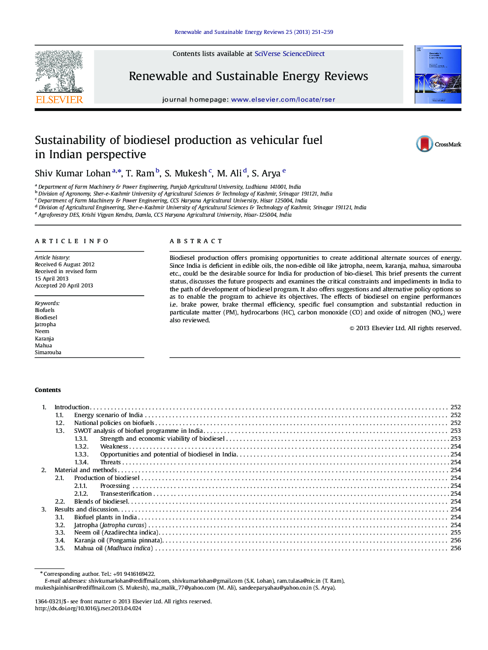 Sustainability of biodiesel production as vehicular fuel in Indian perspective