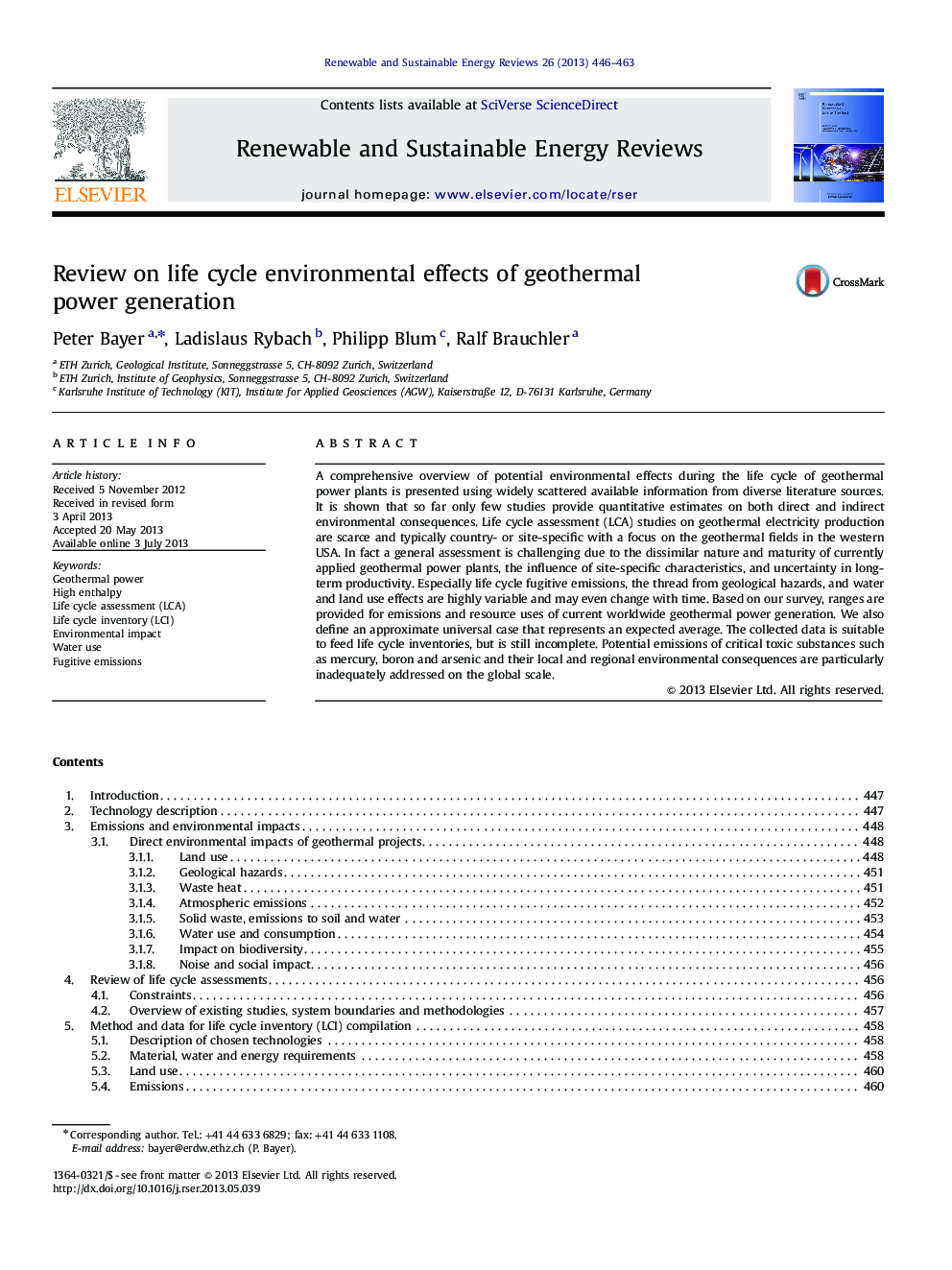 Review on life cycle environmental effects of geothermal power generation