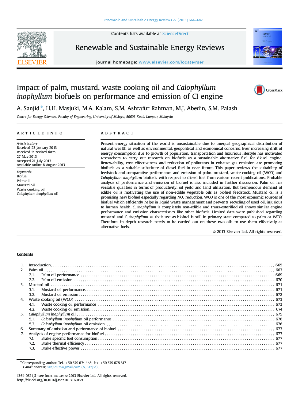 Impact of palm, mustard, waste cooking oil and Calophyllum inophyllum biofuels on performance and emission of CI engine