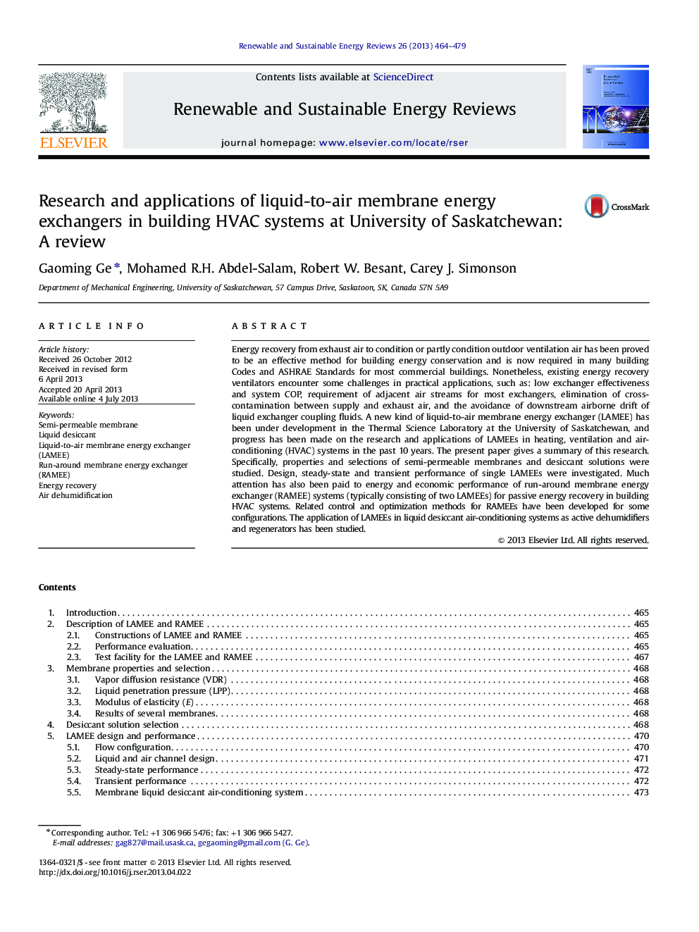 Research and applications of liquid-to-air membrane energy exchangers in building HVAC systems at University of Saskatchewan: A review