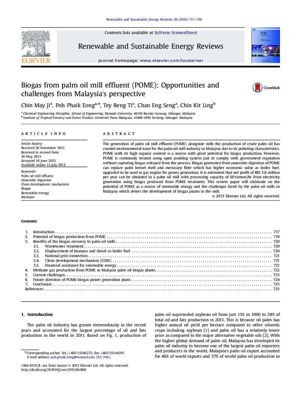 Biogas from palm oil mill effluent (POME): Opportunities and challenges from Malaysia's perspective