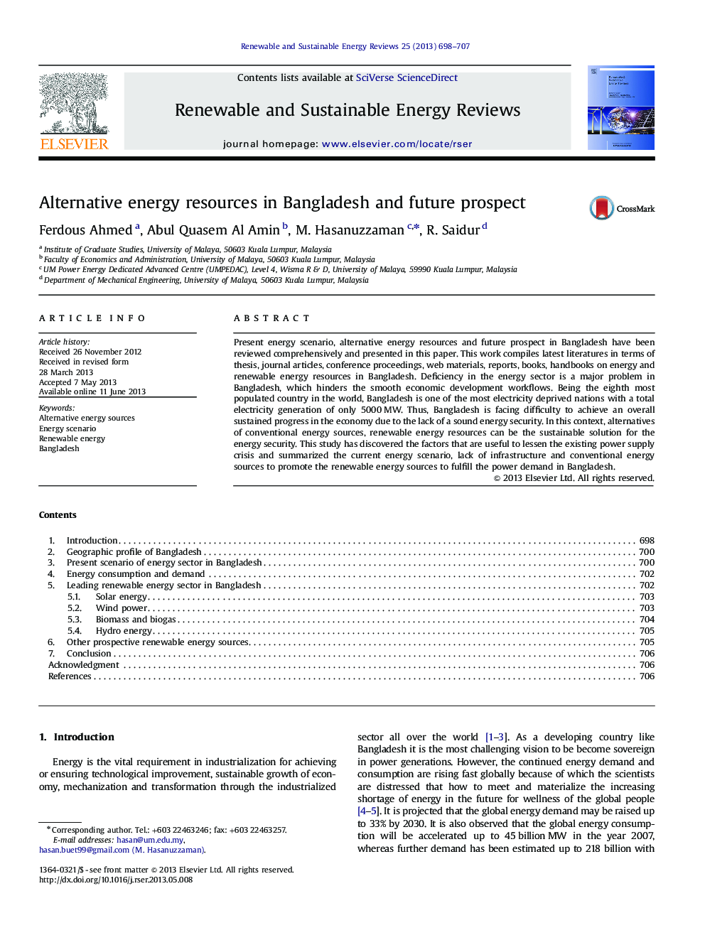 Alternative energy resources in Bangladesh and future prospect