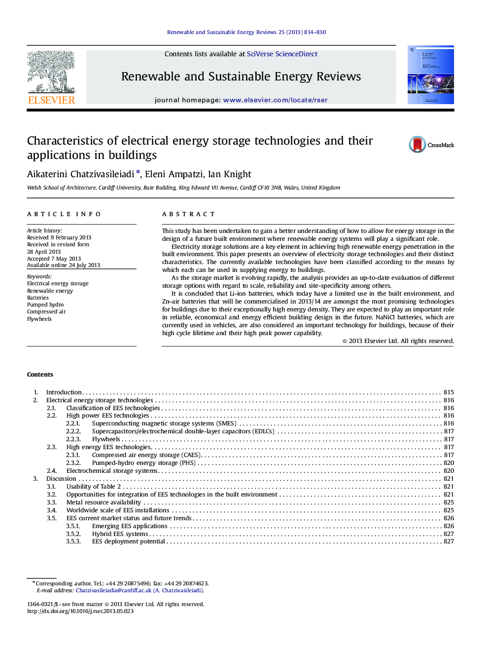 Characteristics of electrical energy storage technologies and their applications in buildings