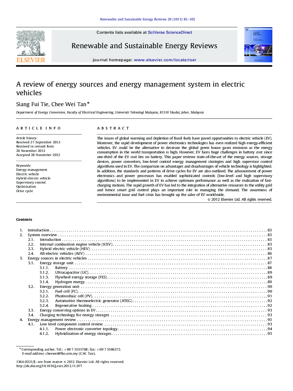 A review of energy sources and energy management system in electric vehicles