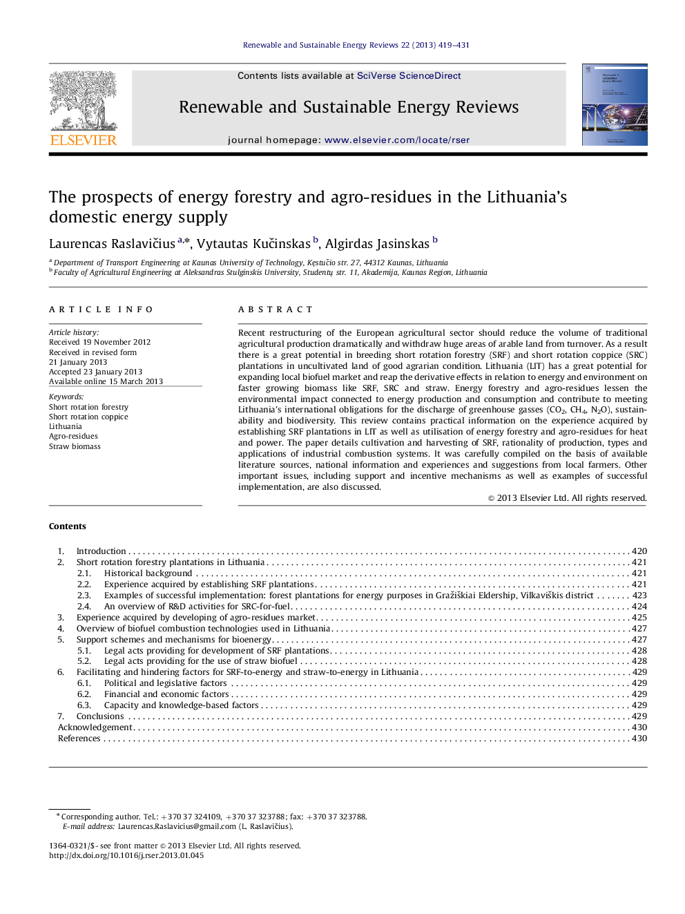 The prospects of energy forestry and agro-residues in the Lithuania's domestic energy supply