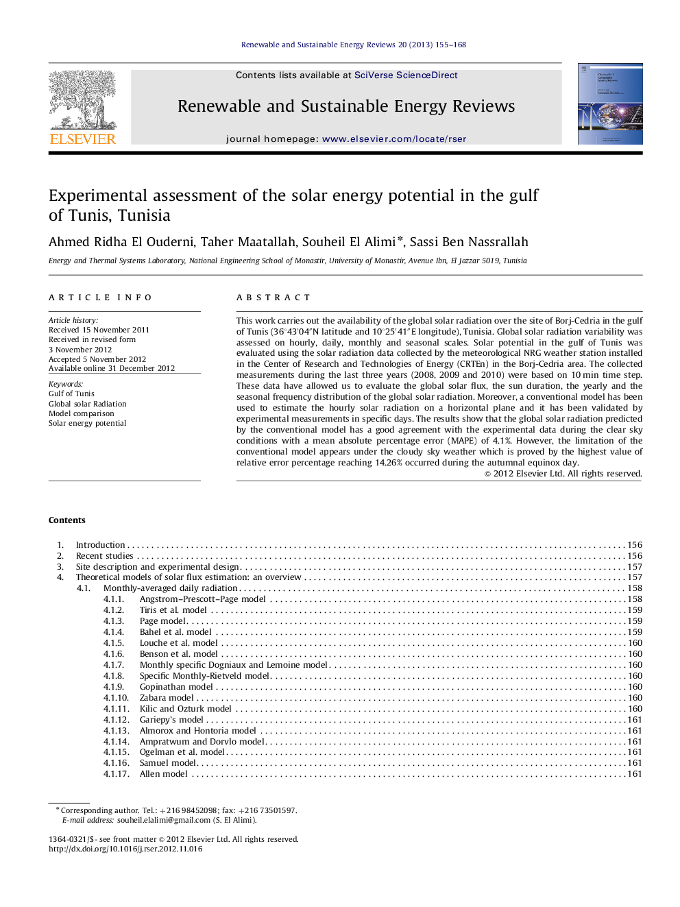 Experimental assessment of the solar energy potential in the gulf of Tunis, Tunisia