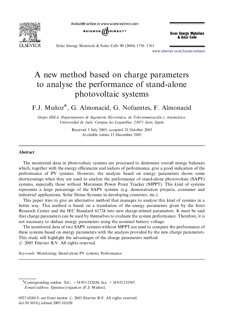 A new method based on charge parameters to analyse the performance of stand-alone photovoltaic systems