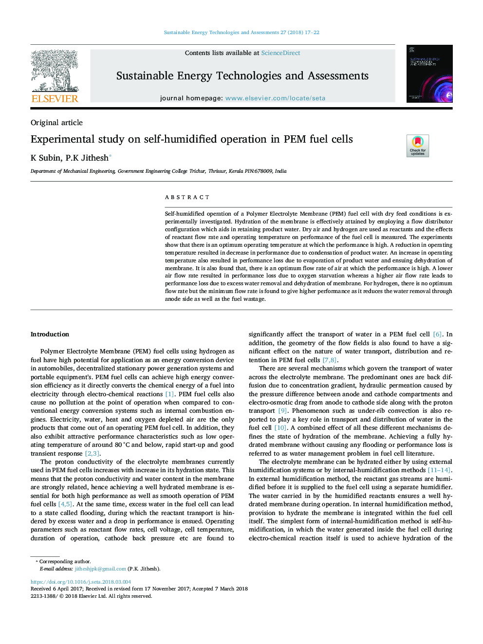 Experimental study on self-humidified operation in PEM fuel cells