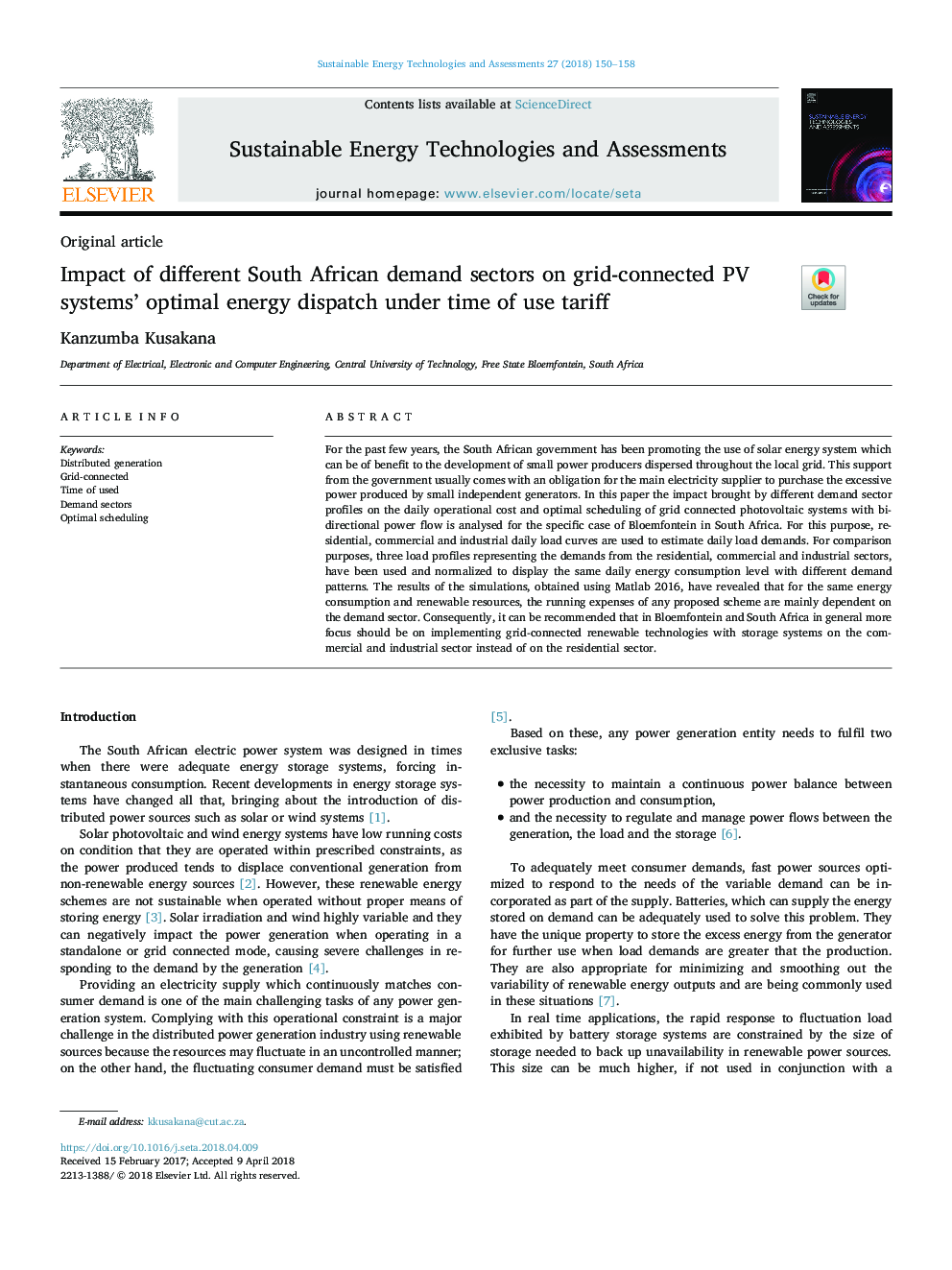 Impact of different South African demand sectors on grid-connected PV systems' optimal energy dispatch under time of use tariff