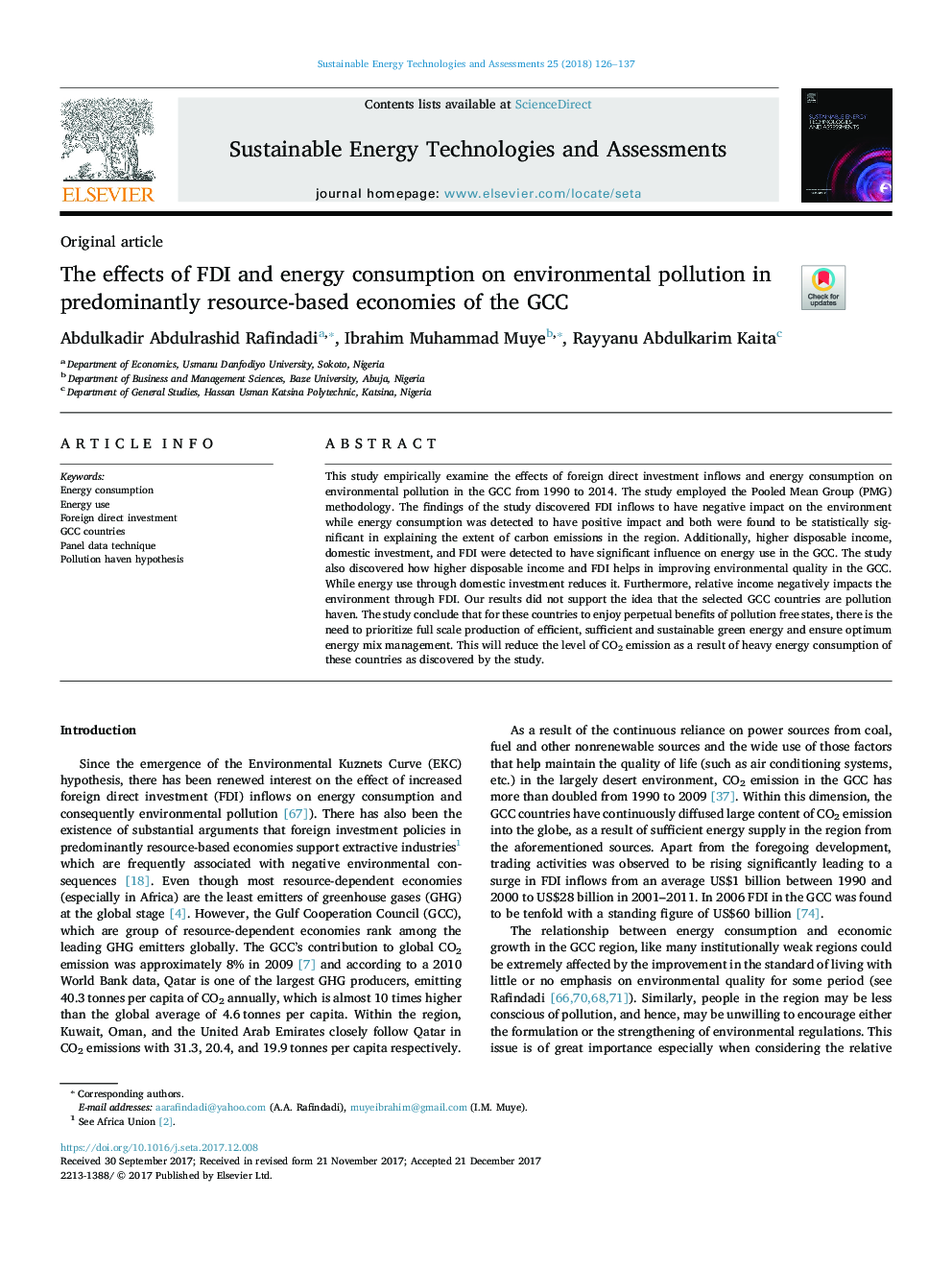 The effects of FDI and energy consumption on environmental pollution in predominantly resource-based economies of the GCC