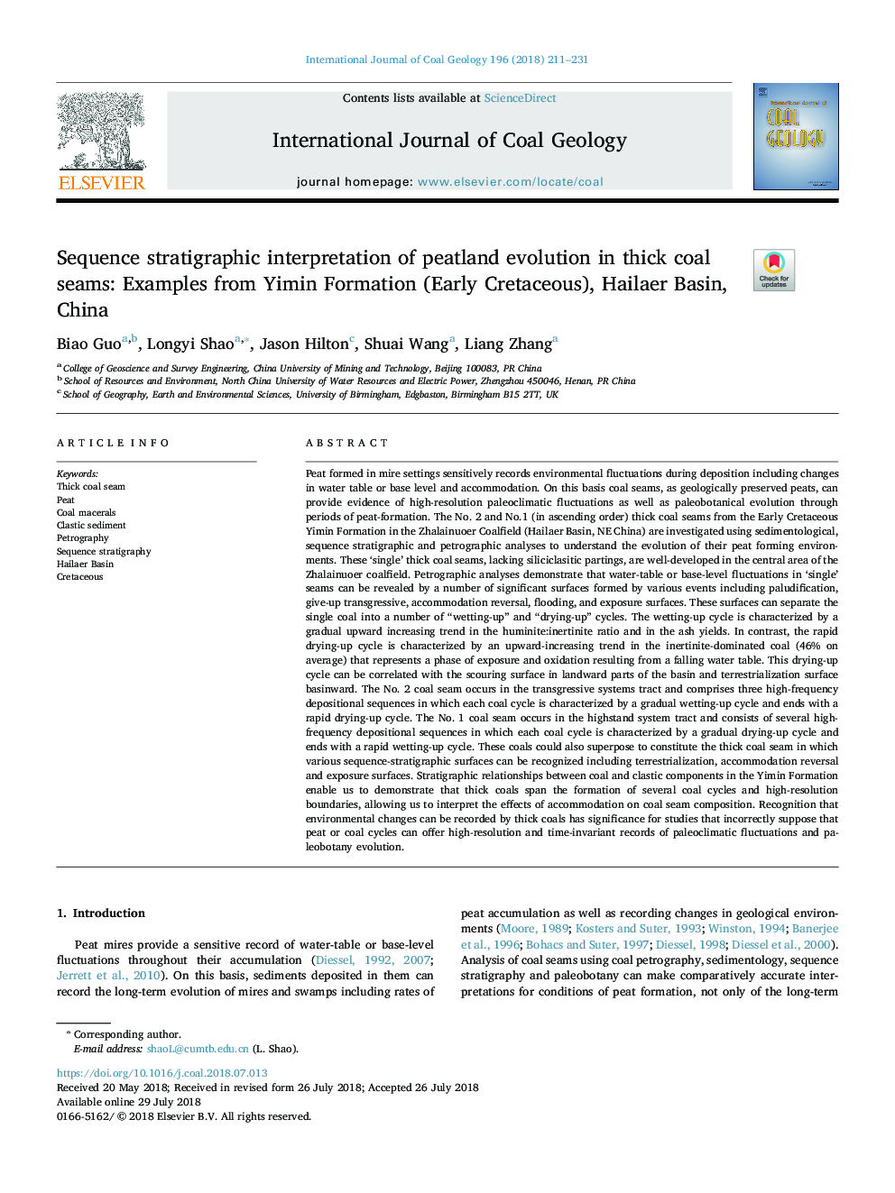 Sequence stratigraphic interpretation of peatland evolution in thick coal seams: Examples from Yimin Formation (Early Cretaceous), Hailaer Basin, China