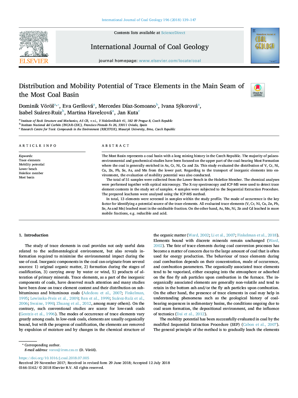 Distribution and Mobility Potential of Trace Elements in the Main Seam of the Most Coal Basin