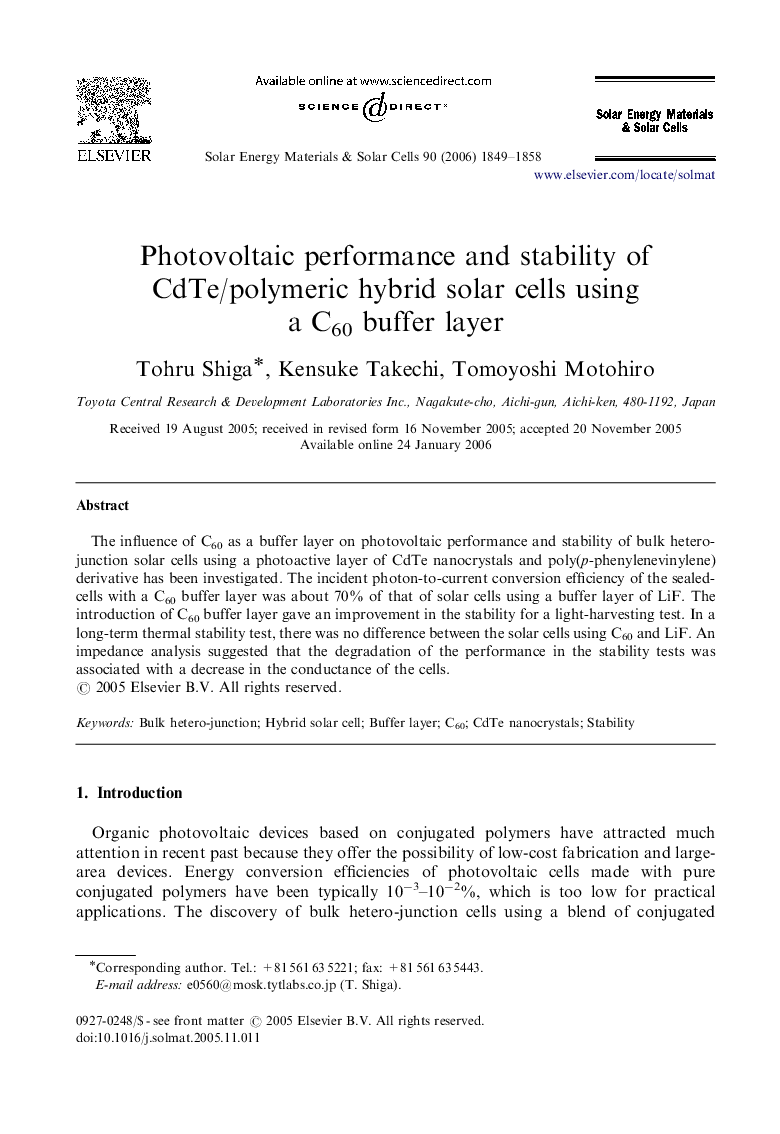 Photovoltaic performance and stability of CdTe/polymeric hybrid solar cells using a C60 buffer layer