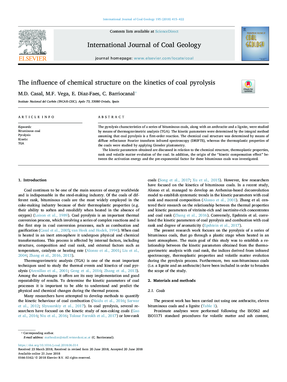 The influence of chemical structure on the kinetics of coal pyrolysis