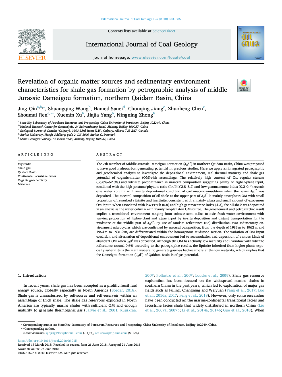 Revelation of organic matter sources and sedimentary environment characteristics for shale gas formation by petrographic analysis of middle Jurassic Dameigou formation, northern Qaidam Basin, China