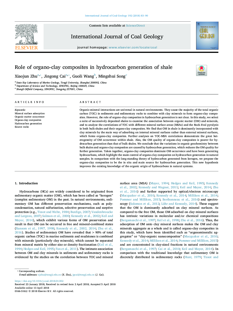 Role of organo-clay composites in hydrocarbon generation of shale