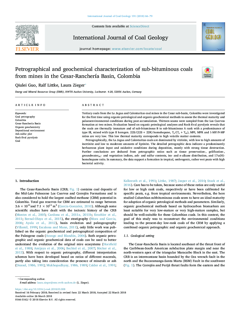 Petrographical and geochemical characterization of sub-bituminous coals from mines in the Cesar-RancherÃ­a Basin, Colombia