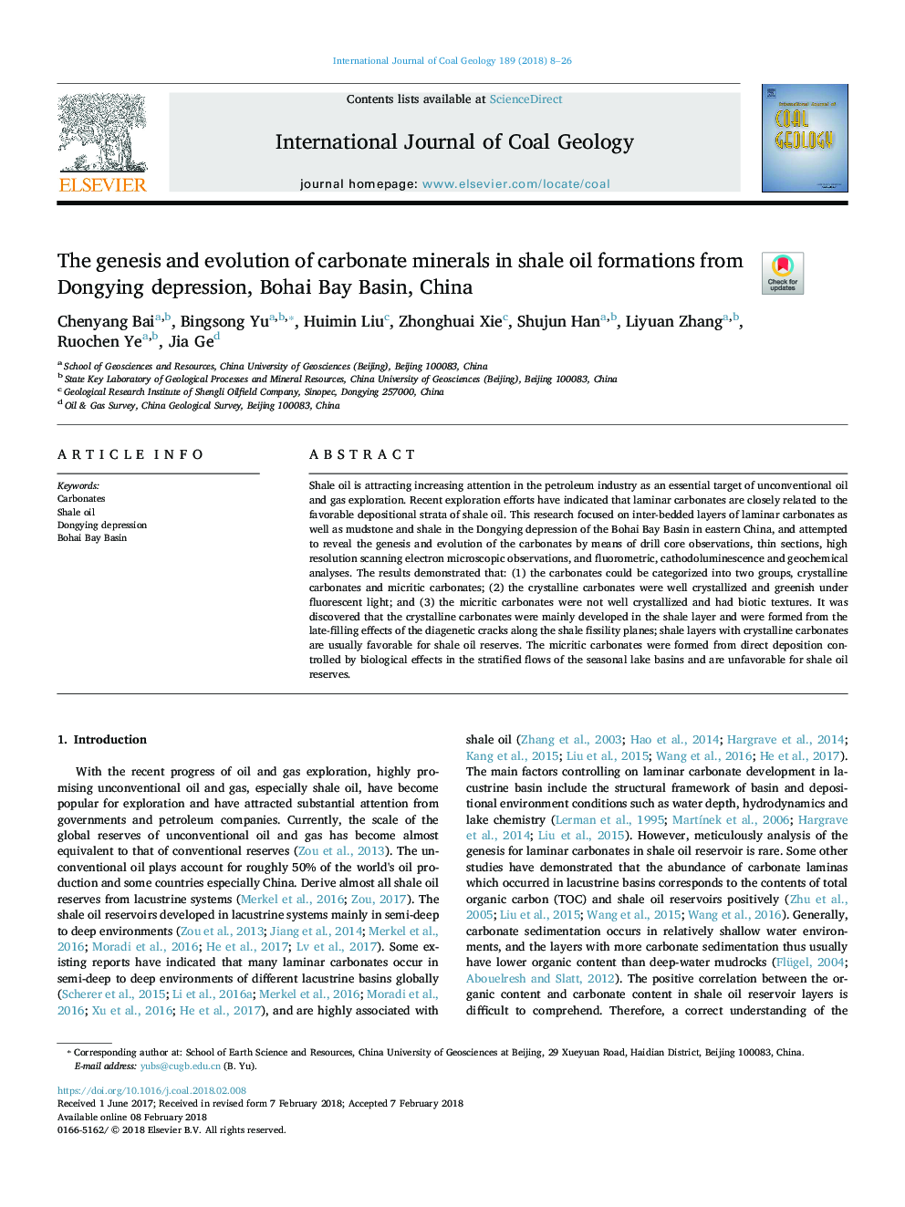 The genesis and evolution of carbonate minerals in shale oil formations from Dongying depression, Bohai Bay Basin, China