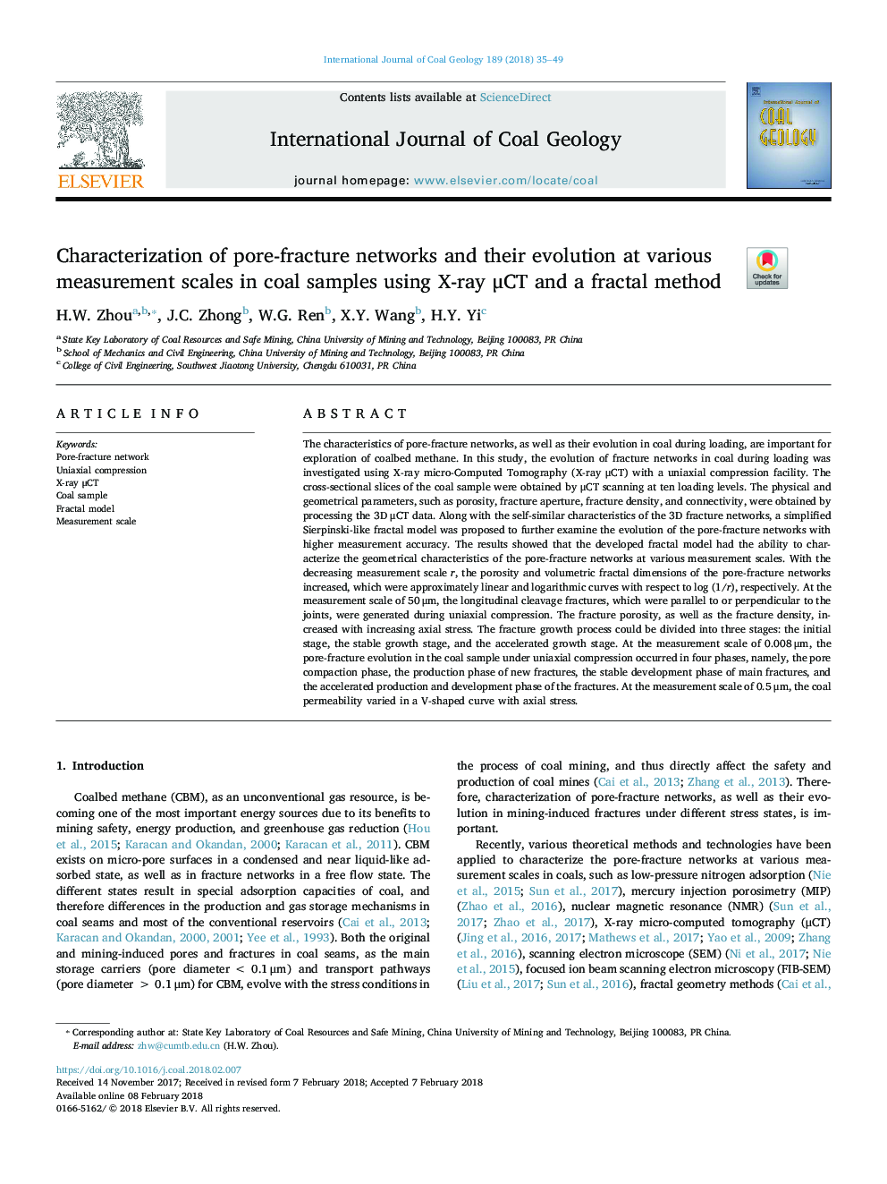 عکس صفحه اول مقاله: Characterization of pore-fracture networks and their evolution at various measurement scales in coal samples using X-ray μCT and a fractal method Characterization of pore-fracture networks and their evolution at various measurement scales in coal samples using X-ray μCT and a fractal method