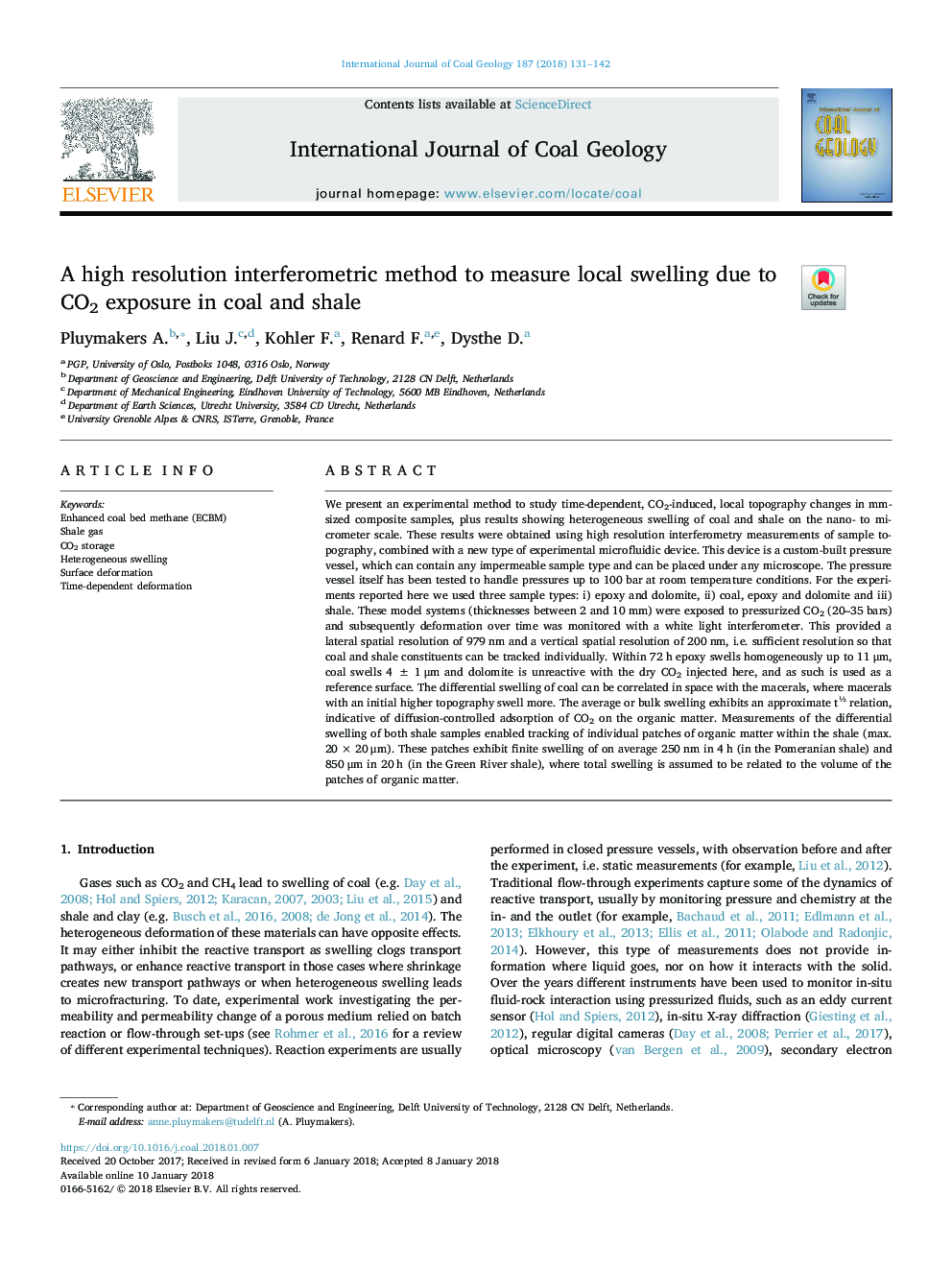 A high resolution interferometric method to measure local swelling due to CO2 exposure in coal and shale