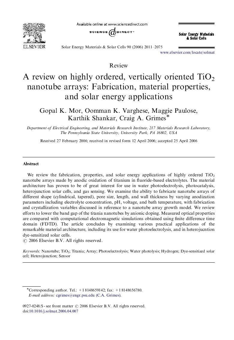 A review on highly ordered, vertically oriented TiO2 nanotube arrays: Fabrication, material properties, and solar energy applications