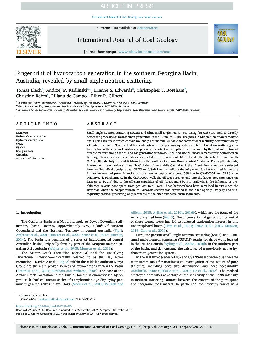 Fingerprint of hydrocarbon generation in the southern Georgina Basin, Australia, revealed by small angle neutron scattering