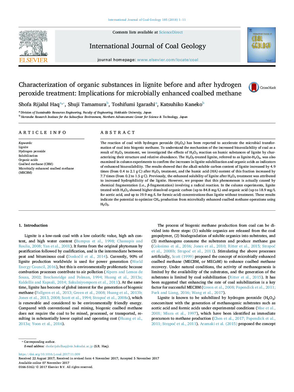 تشخیص مواد آلی در لیگنیت قبل و بعد از درمان هیدروژن پراکسید: پیامدهایی برای متان میکروبی 