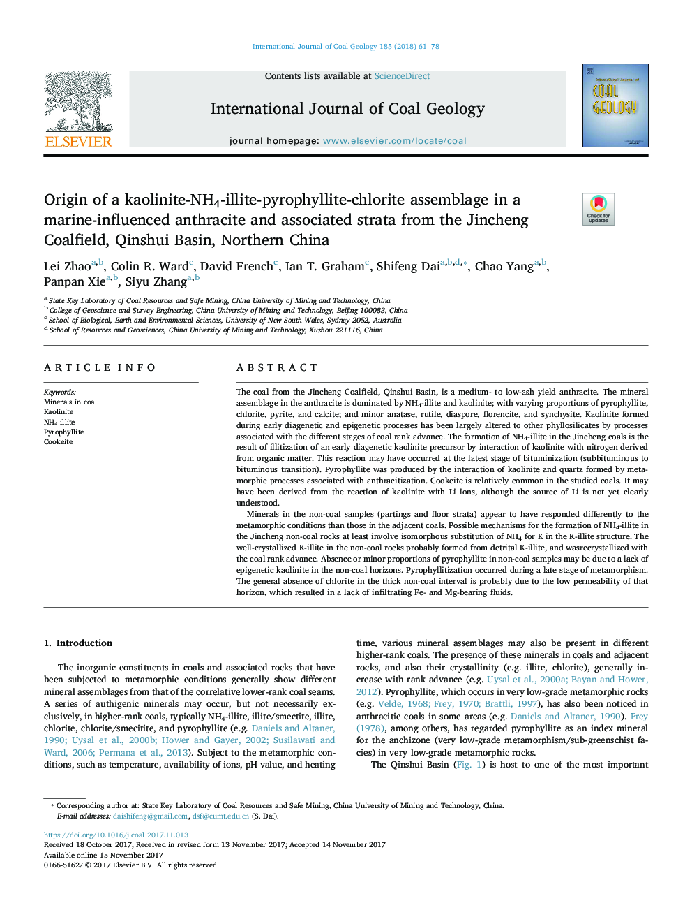 Origin of a kaolinite-NH4-illite-pyrophyllite-chlorite assemblage in a marine-influenced anthracite and associated strata from the Jincheng Coalfield, Qinshui Basin, Northern China