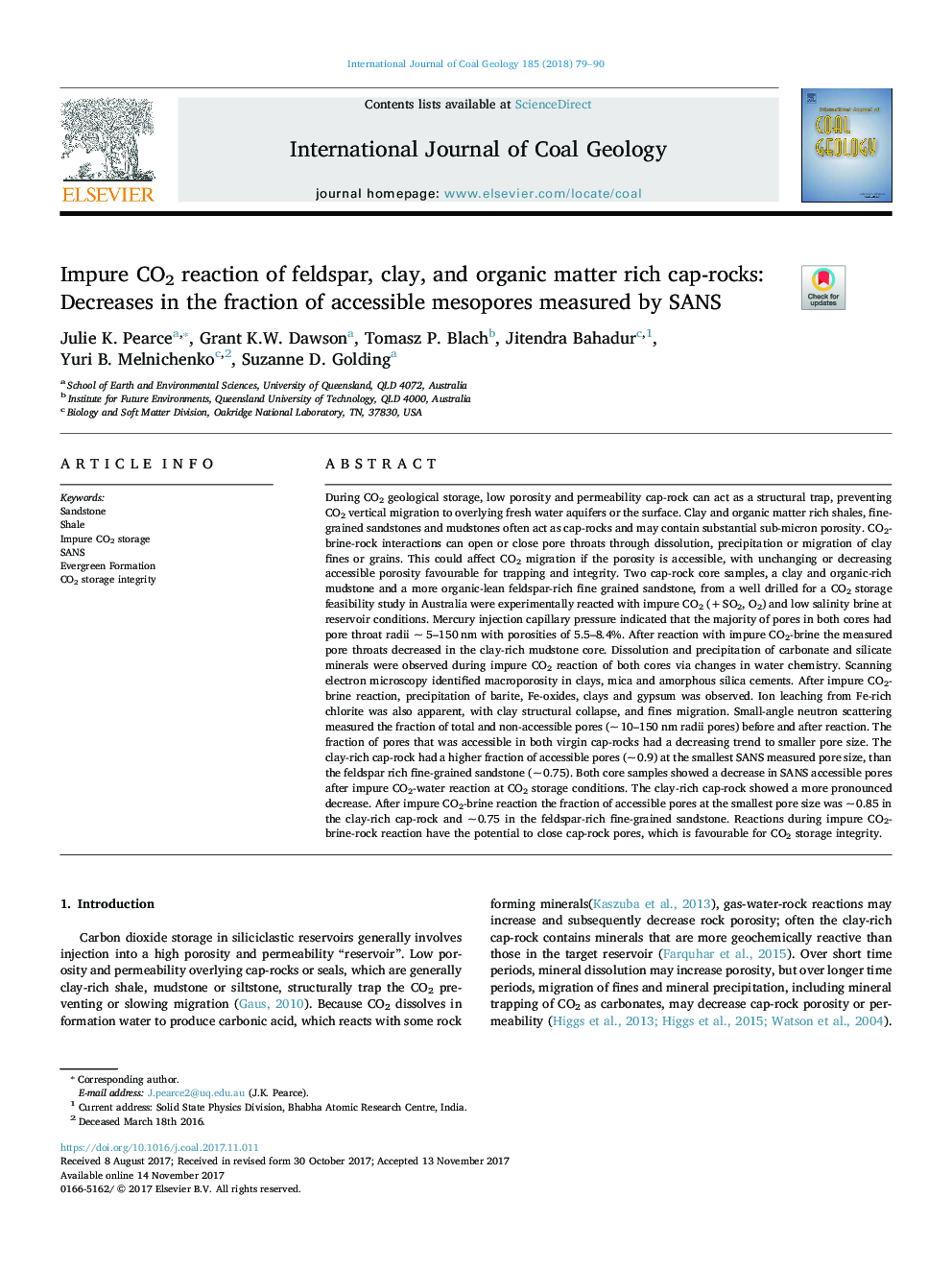 Impure CO2 reaction of feldspar, clay, and organic matter rich cap-rocks: Decreases in the fraction of accessible mesopores measured by SANS