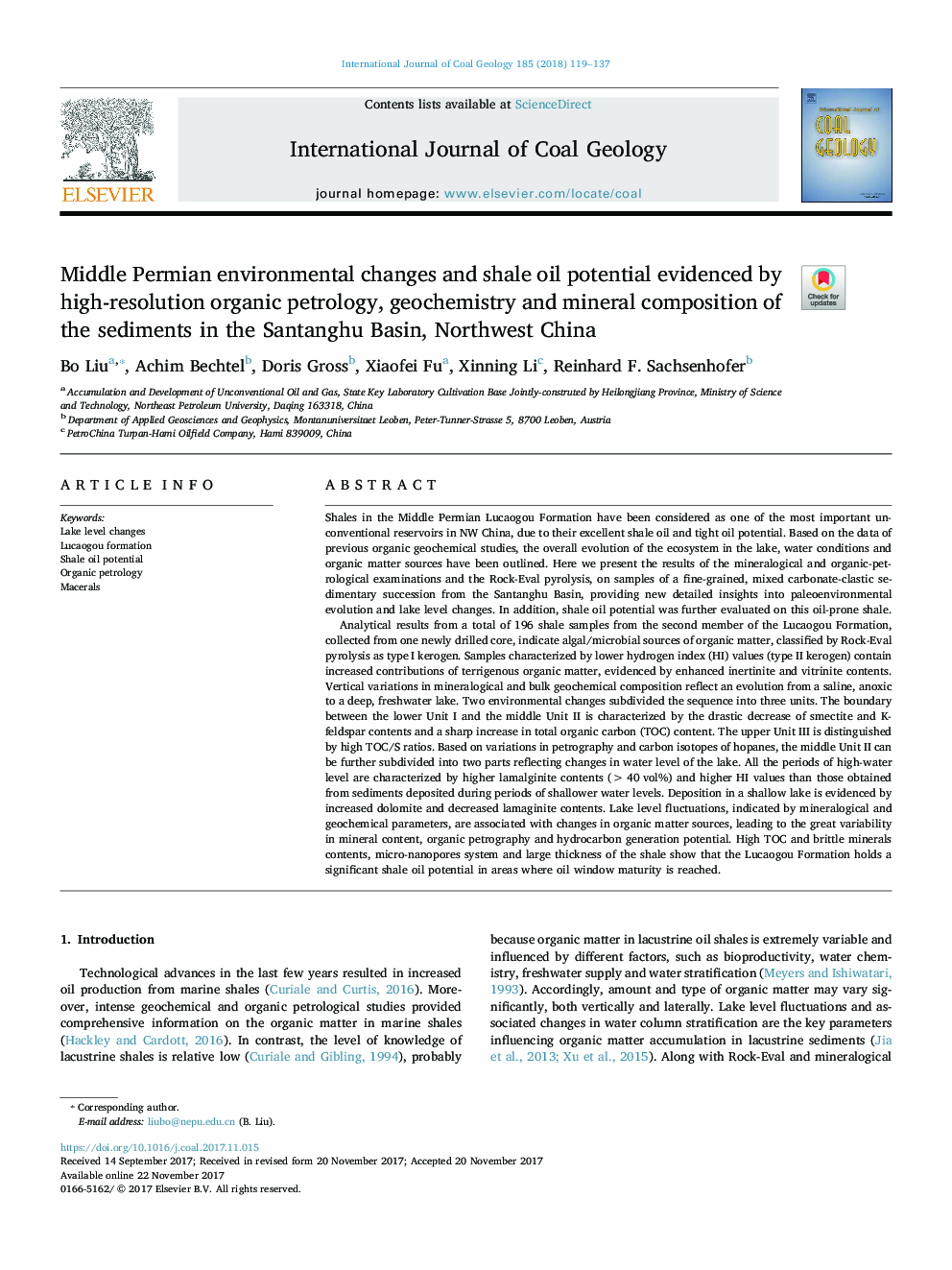 Middle Permian environmental changes and shale oil potential evidenced by high-resolution organic petrology, geochemistry and mineral composition of the sediments in the Santanghu Basin, Northwest China