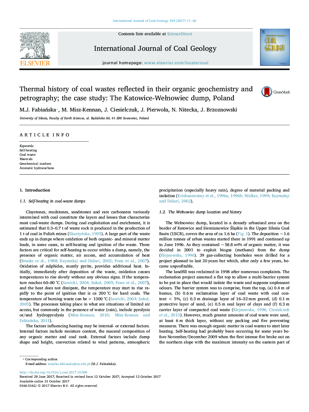 Thermal history of coal wastes reflected in their organic geochemistry and petrography; the case study: The Katowice-WeÅnowiec dump, Poland