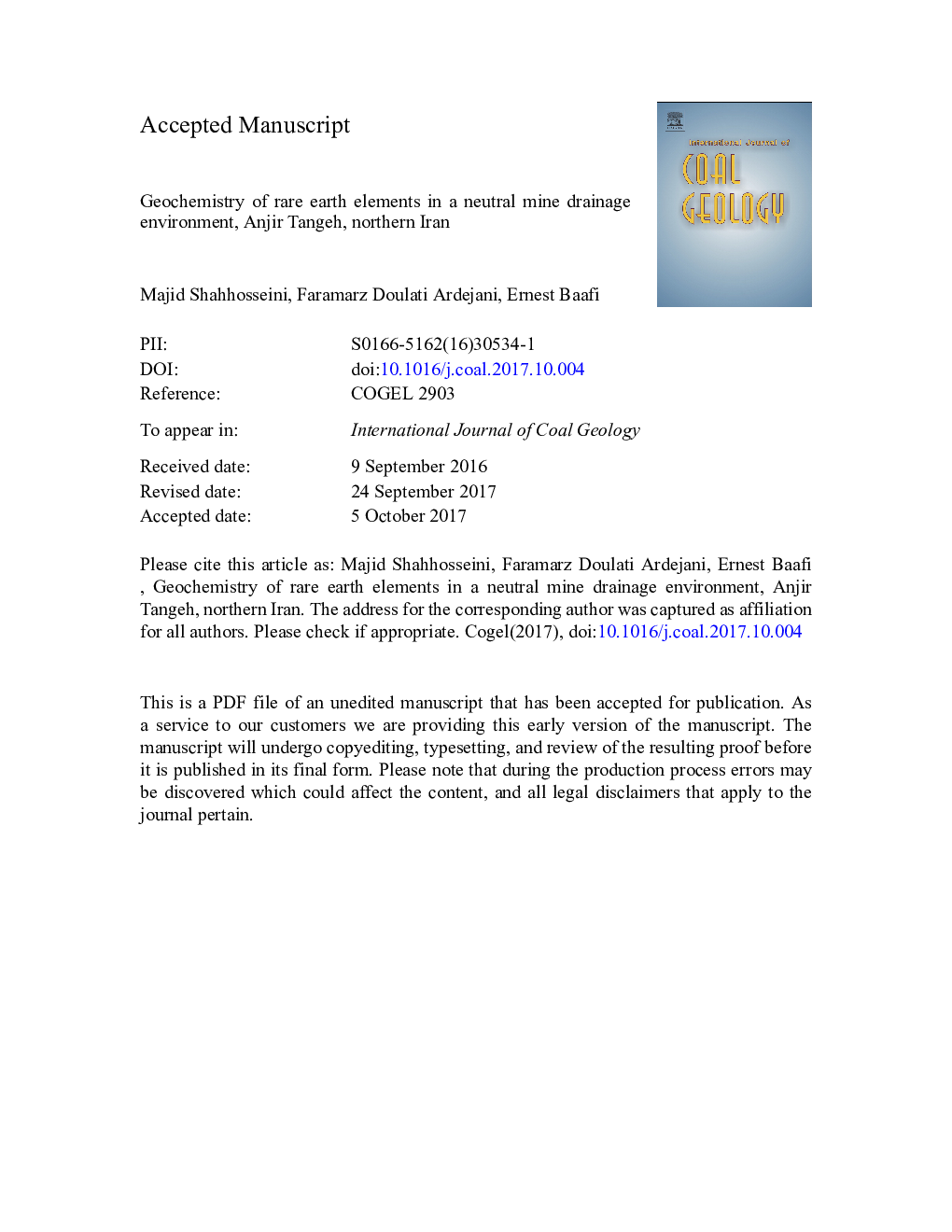 Geochemistry of rare earth elements in a neutral mine drainage environment, Anjir Tangeh, northern Iran