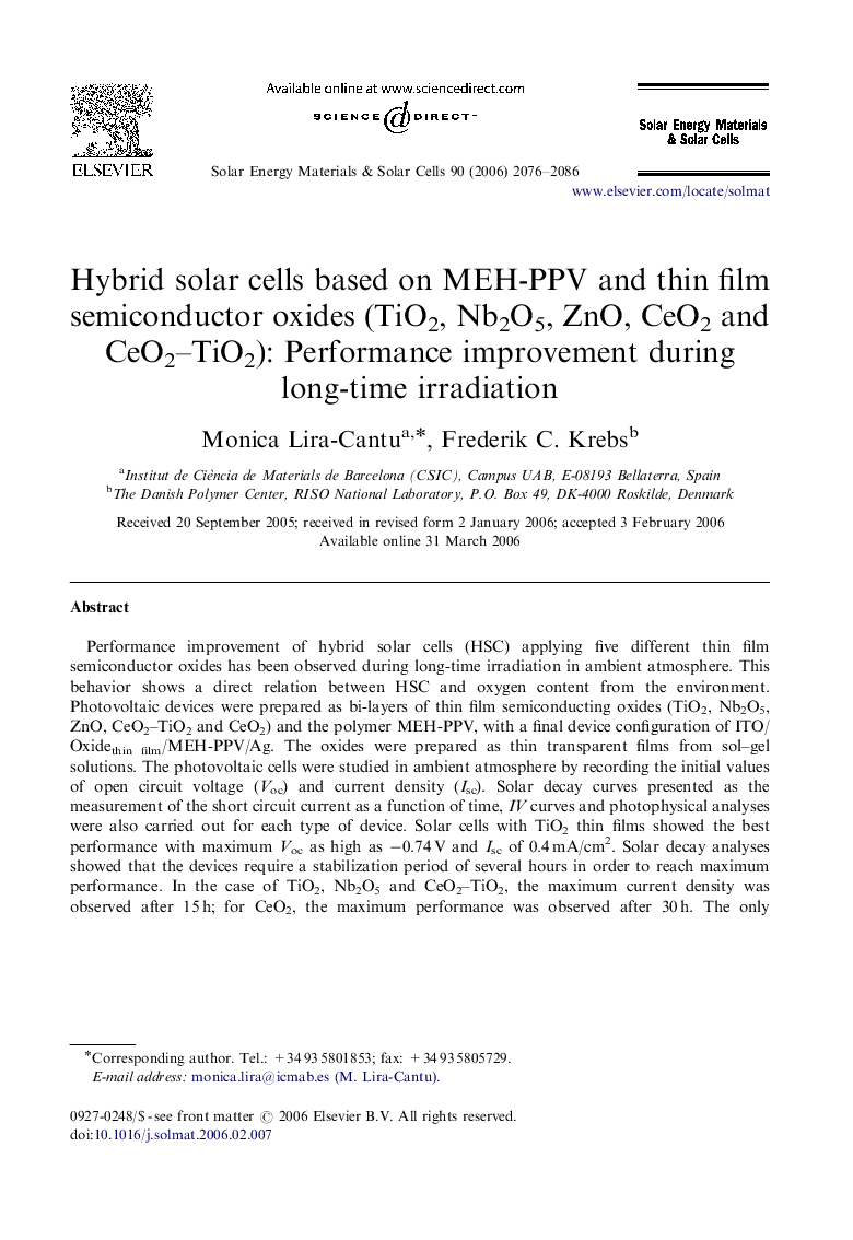 Hybrid solar cells based on MEH-PPV and thin film semiconductor oxides (TiO2, Nb2O5, ZnO, CeO2 and CeO2–TiO2): Performance improvement during long-time irradiation