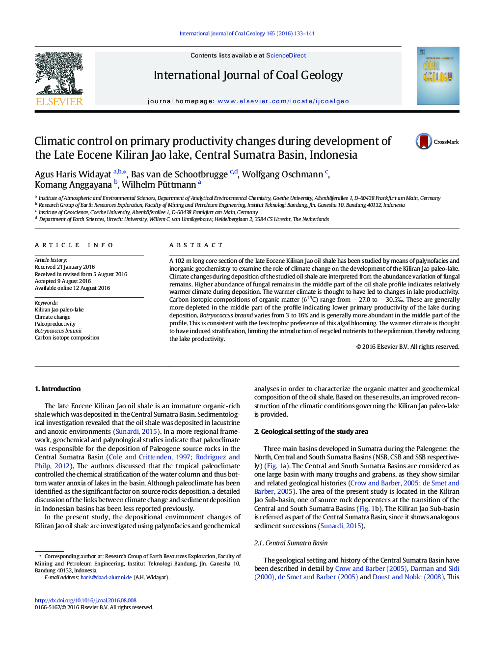 Climatic control on primary productivity changes during development of the Late Eocene Kiliran Jao lake, Central Sumatra Basin, Indonesia