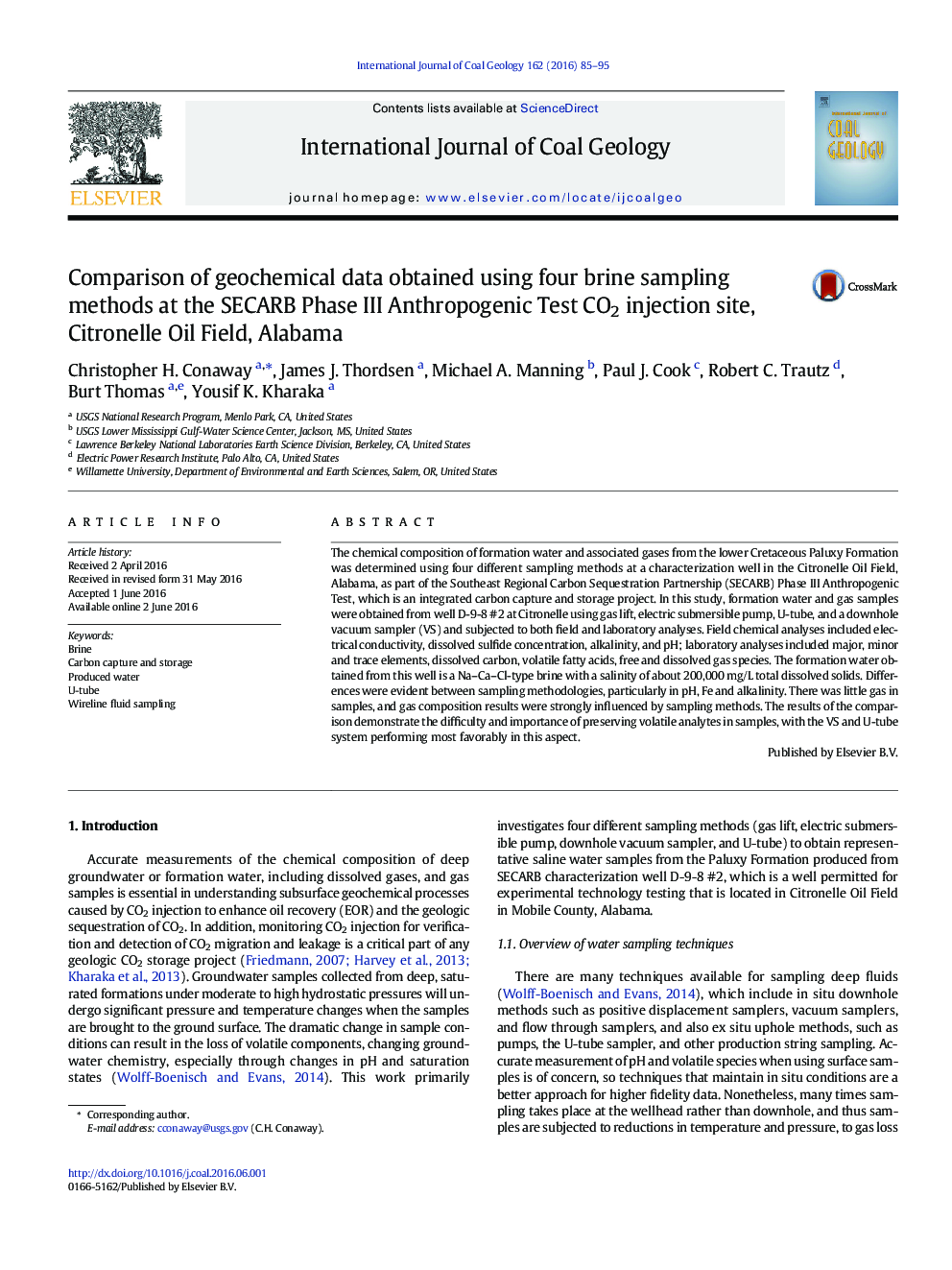 Comparison of geochemical data obtained using four brine sampling methods at the SECARB Phase III Anthropogenic Test CO2 injection site, Citronelle Oil Field, Alabama