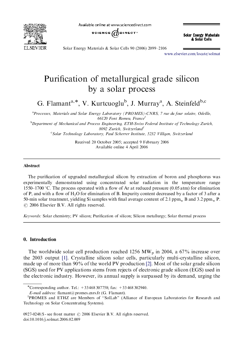 Purification of metallurgical grade silicon by a solar process