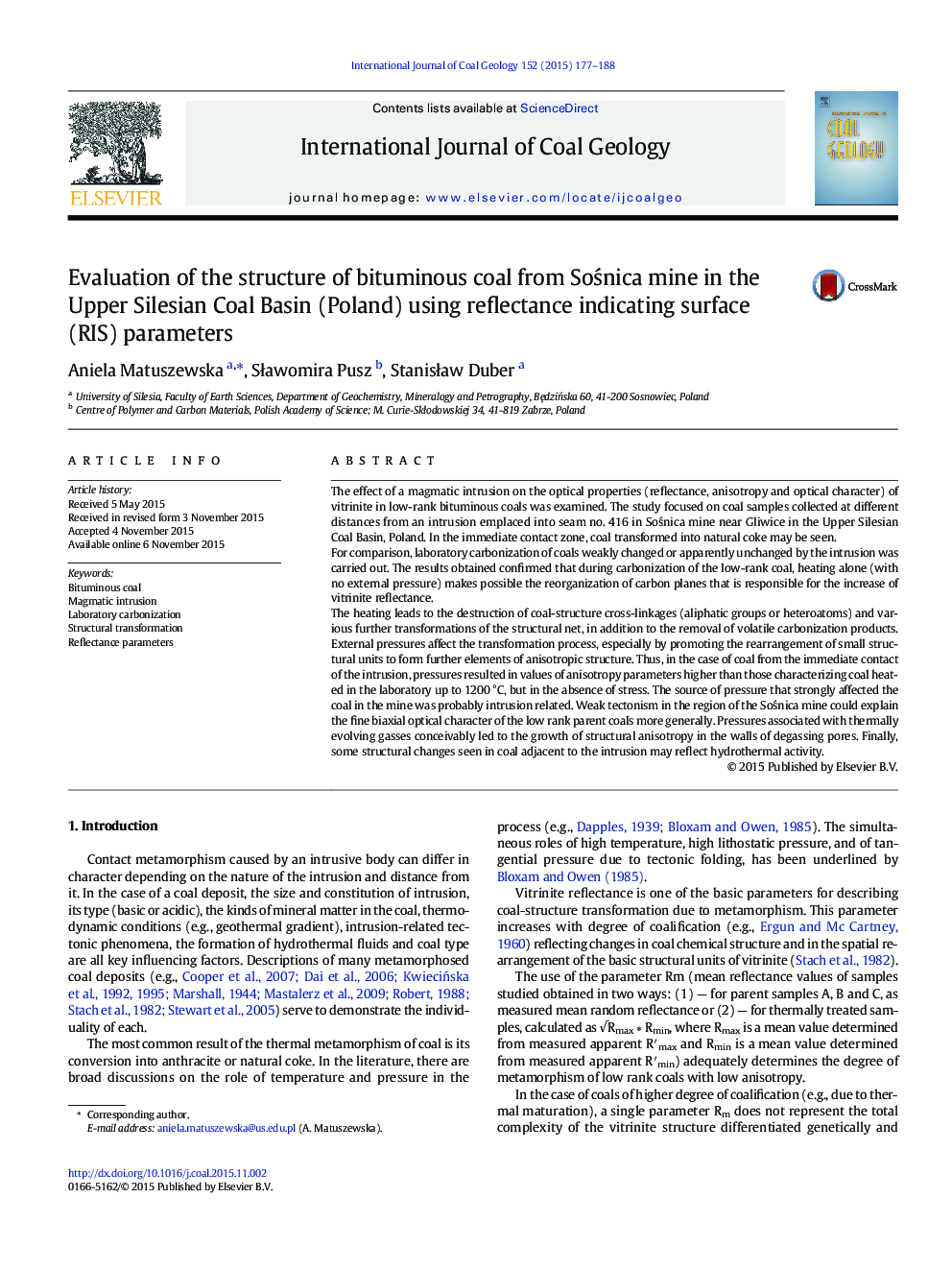 Evaluation of the structure of bituminous coal from SoÅnica mine in the Upper Silesian Coal Basin (Poland) using reflectance indicating surface (RIS) parameters