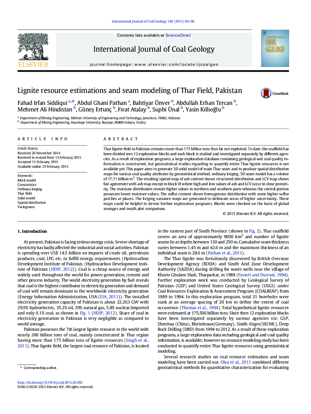 Lignite resource estimations and seam modeling of Thar Field, Pakistan