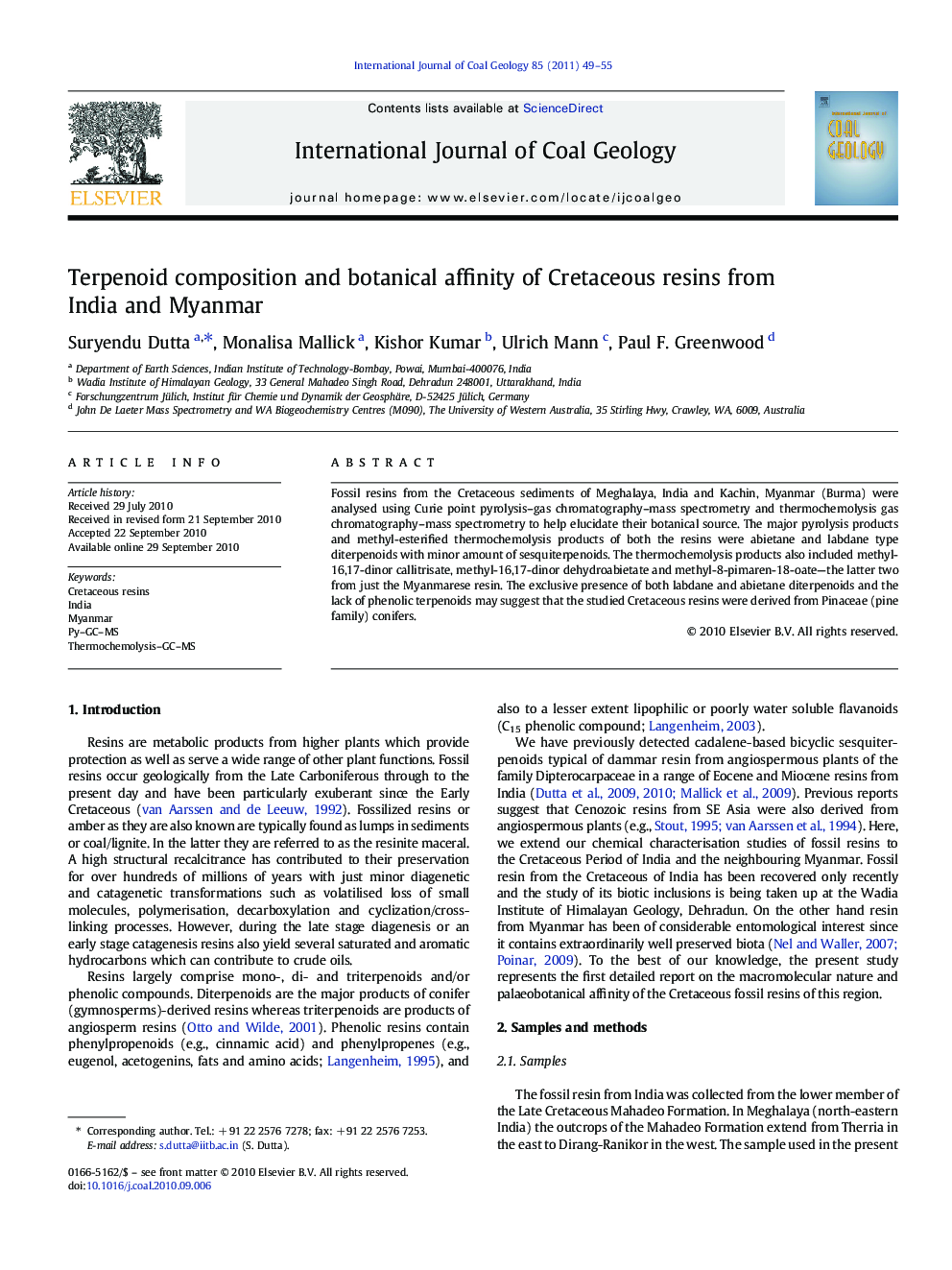 Terpenoid composition and botanical affinity of Cretaceous resins from India and Myanmar