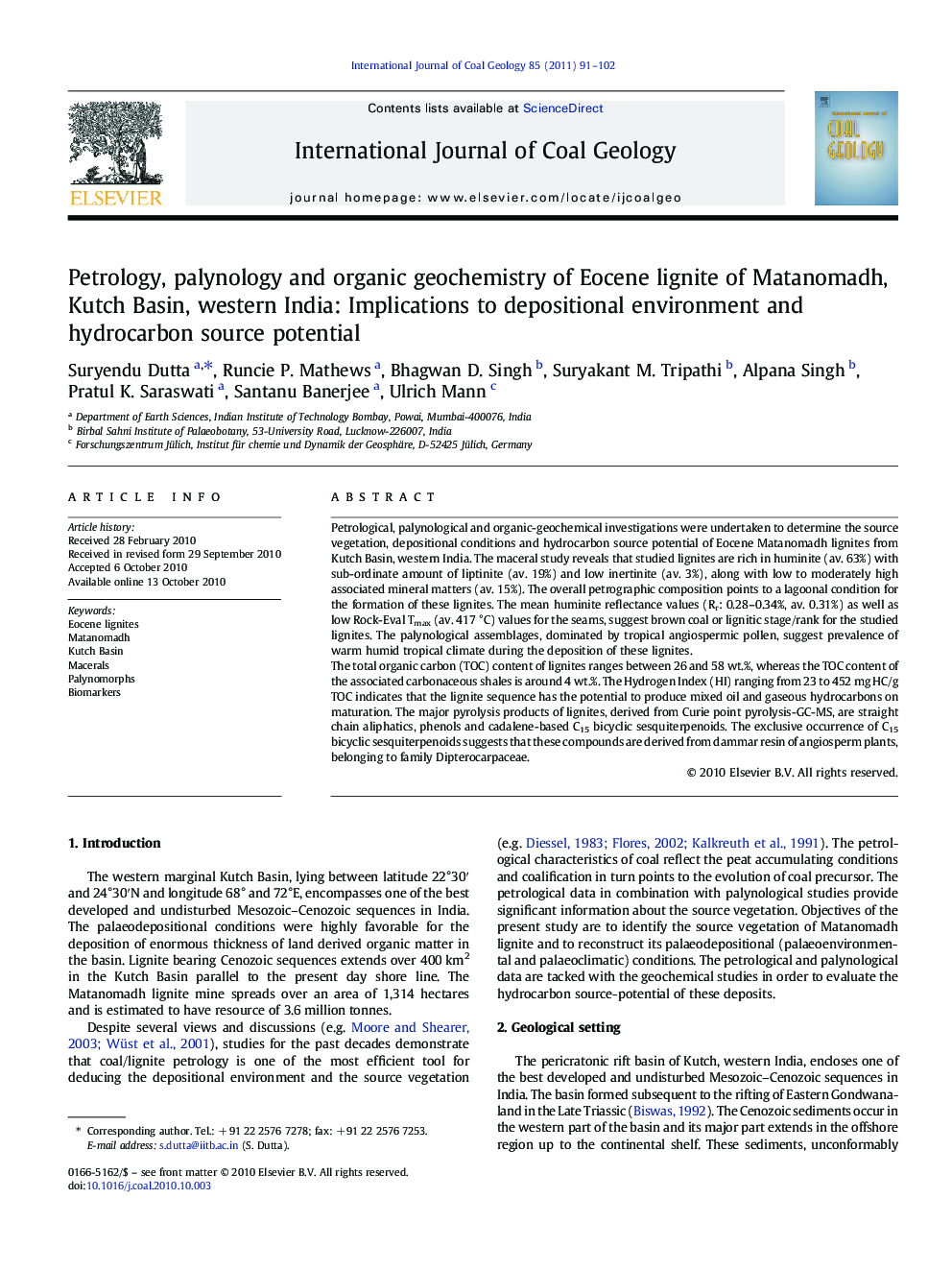 Petrology, palynology and organic geochemistry of Eocene lignite of Matanomadh, Kutch Basin, western India: Implications to depositional environment and hydrocarbon source potential